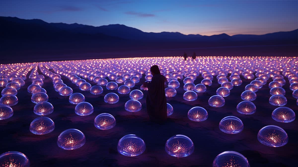 AI generated image from the prompt: A cinematic scene from a fantasy movie called Legend of the 7 Rings. This extreme long shot captures a network of floating metal orbs with a force field around them in the desert, technicolor --c 25 --s 250 --ar 16:9 AI generated image from the prompt: A cinematic scene from a fantasy movie called Legend of the 7 Rings. This extreme long shot captures a network of floating metal orbs with a force field around them in the desert, technicolor --c 25 --s 250 --ar 16:9