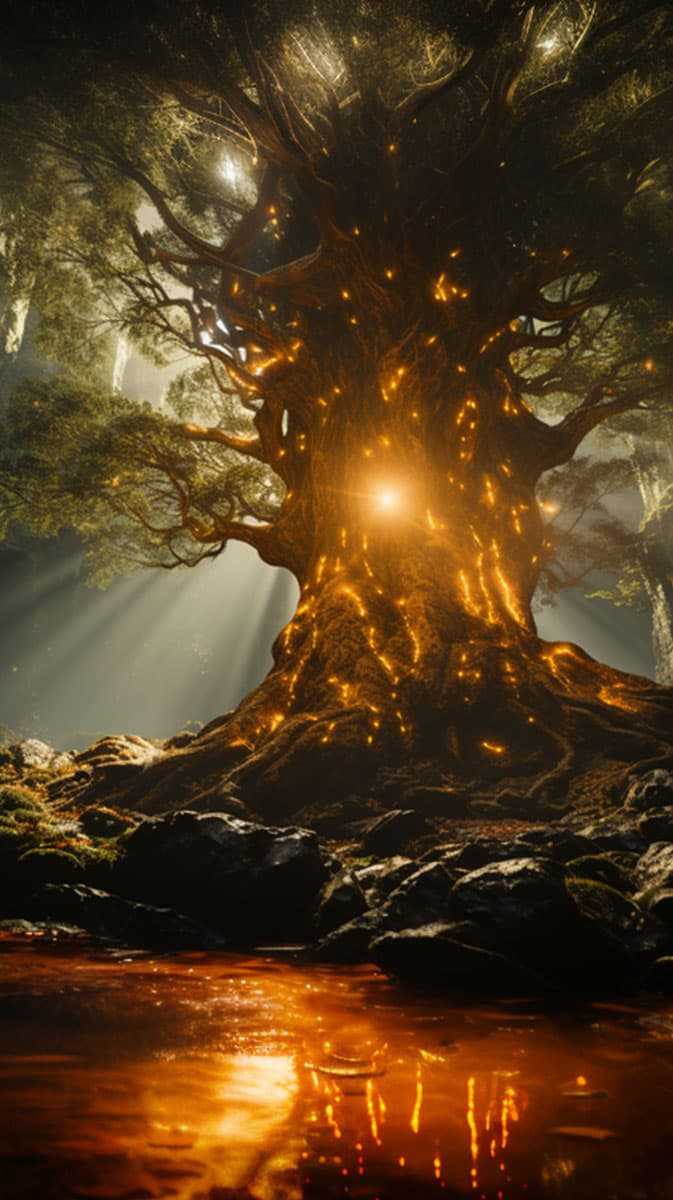 AI generated image from the prompt: A cinematic scene from a fantasy movie called Legend of the 7 Rings. This extreme long shot captures an old growth tree made of gold, bright and sunny day, gold accent lighting, in the style of dynamic action sequences, captured on Phantom High - Speed Camera --s 750 --ar 16:9 AI generated image from the prompt: A cinematic scene from a fantasy movie called Legend of the 7 Rings. This extreme long shot captures an old growth tree made of gold, bright and sunny day, gold accent lighting, in the style of dynamic action sequences, captured on Phantom High - Speed Camera --s 750 --ar 16:9