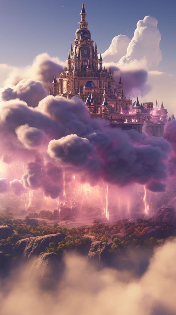 AI generated image from the prompt: A cinematic scene from a fantasy movie called Legend of the 7 Rings. This long shot captures a floating crystal castle in the sky, accent lighting, sunny day, in the style of dynamic action sequences, captured on Phantom High - Speed Camera --c 50 --ar 16:9 --s 750 AI generated image from the prompt: A cinematic scene from a fantasy movie called Legend of the 7 Rings. This long shot captures a floating crystal castle in the sky, accent lighting, sunny day, in the style of dynamic action sequences, captured on Phantom High - Speed Camera --c 50 --ar 16:9 --s 750