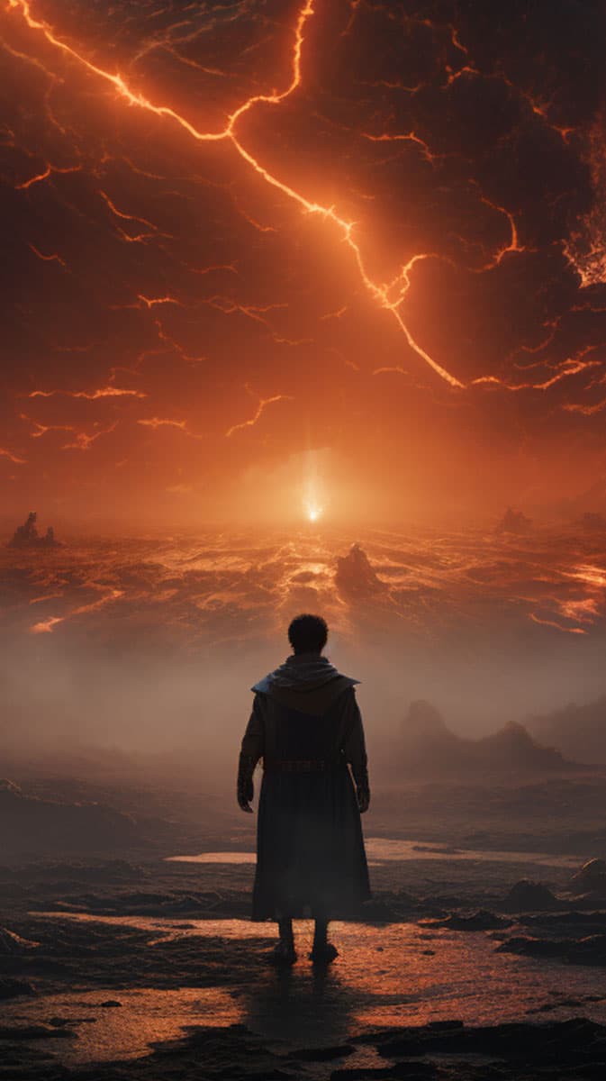 AI generated image from the prompt: A cinematic scene from a fantasy movie called Legend of the 7 Rings. This long shot captures a gaunt dark sorcerer summoning a cloud of chaos, technicolor --c 25 --s 250 --ar 16:9 AI generated image from the prompt: A cinematic scene from a fantasy movie called Legend of the 7 Rings. This long shot captures a gaunt dark sorcerer summoning a cloud of chaos, technicolor --c 25 --s 250 --ar 16:9