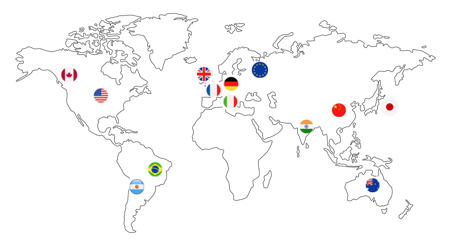 World Map, with flag Icons for Canada, The US, Brazil, Argentina, The EU, The UK, Germany, France, Italy, China, Japan, India, and Australia